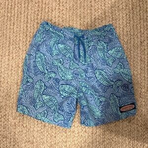 Vineyard Vines Teal and Navy Fish-Pattern Swim Trunks: Size S(8-10)